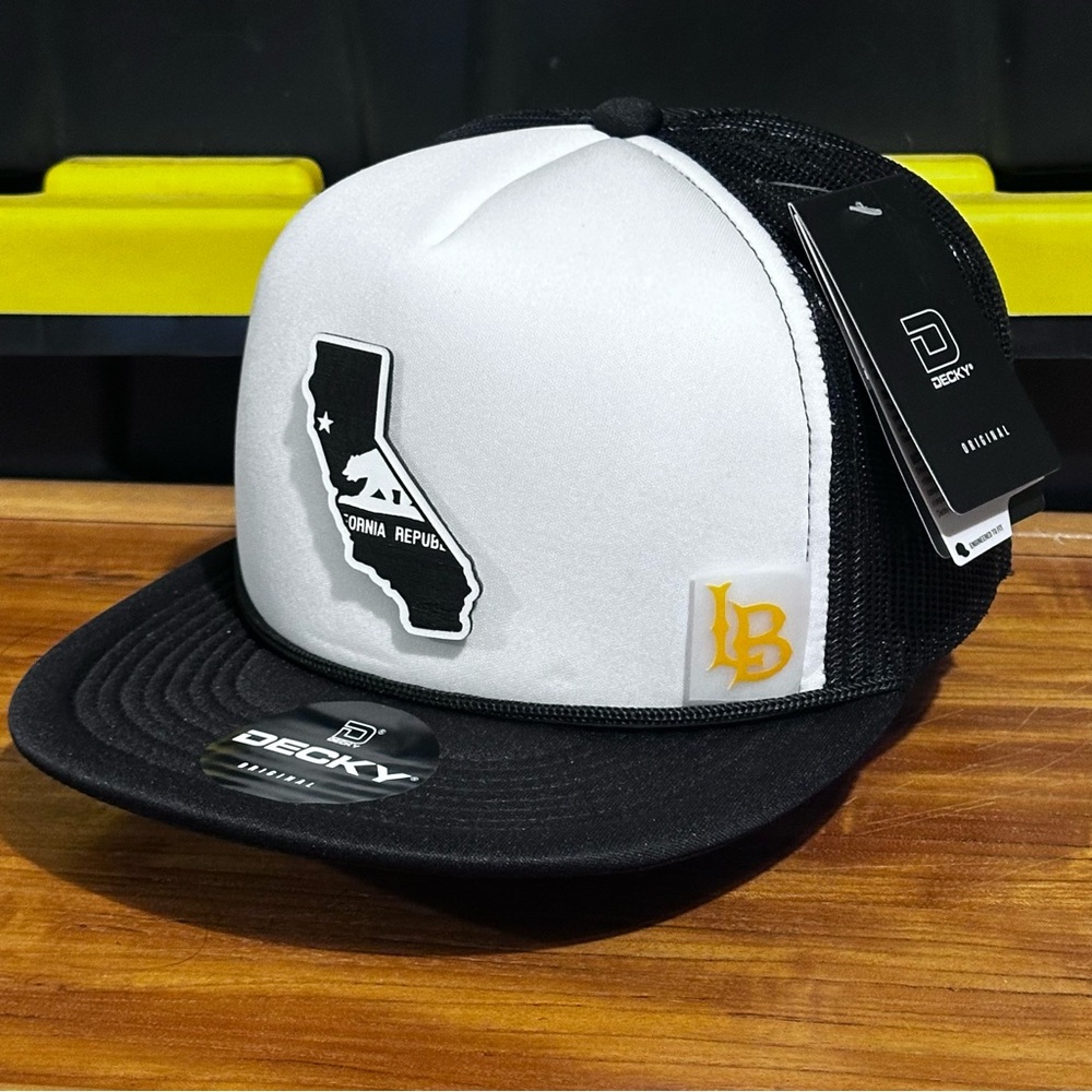 Long Beach Foam Trucker Hat California Logo Design Flat Bill SnapBack